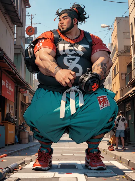 Fat Sumo wrestler, 8k, alta qualidade, multiple colors, hip hop clothed, carrying a large boombox radio speaker, turntables, speakers, vinyl records, epic, Rome streets background, epic, 