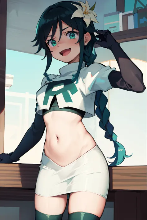 absurdres,venti,1boy, male focus, trap,black hair, green-blue hair, hair braid,hair flower,aqua green eyes,crossdressing,1boy,team rocket,team rocket uniform,white skirt,red letter R,crop top,black thigh-highs,black elbow gloves, laughing,happy, blush