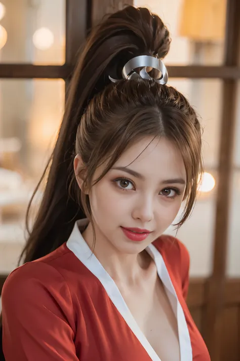 on the table, best quality, actual, super detailed, finely, high resolution, 8k wallpaper, 1 beautiful woman,, light brown messy hair, red clothes， sharp focus, Perfect dynamic composition, Beautiful and delicate eyes, ponytail, Detailed actual skin textur...