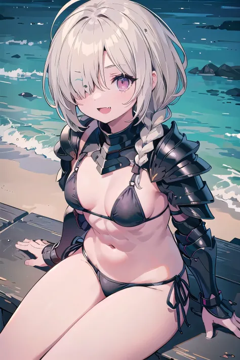 masterpiece, mountainous horizon　Upper body, black robe, (((((black bikini armor))))), nsfw,　, 1 girl, blonde, Ruby Eye, ((((((hair over one eye,)))))), Braidスタイル, spike hair, dull bangs, bob hair, Braid, Ahoge, cute eyes　looking at the viewer　From the sid...