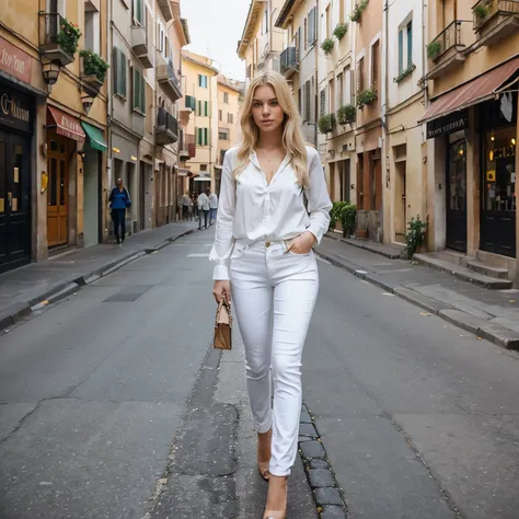 Beautiful blonde woman, model, white blouse, jeans, high heels, Italian city