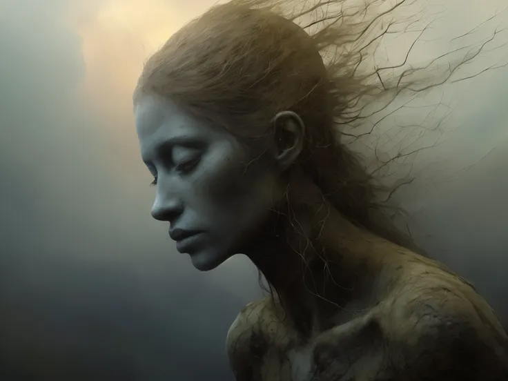 There is a woman with very long hair and a very strange face, Retrato de mujer humanoide, jessica rossier y brian froud, criatura humanoide femenina, a stunning young ethereal figure, humanoid woman, Wild languid woman, tomasz alen kopera y cgsociety, retr...