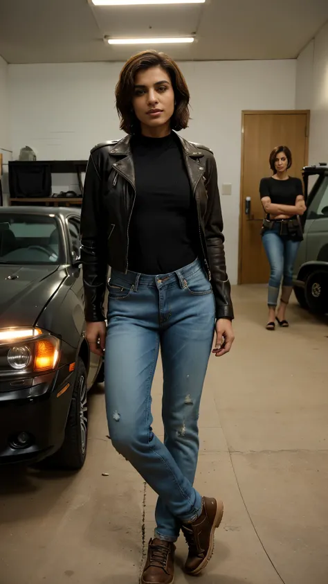 A muscular short haired arabic woman crossdressing as a man wearing leather jacket, mans shirt, mans loose long jeans, and mans shoes, she is standing masculinely in a workshop after fixing up a car, she behaves masculinely like a man facing to the camera