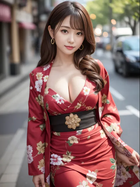 table top, highest quality, figure, super detailed, finely, High resolution, 8k wallpaper, 完璧なダイナミックな構figure, detailed and beautiful eyes, She wears a red kimono,medium hair,natural color lip, bold sexy pose,smile,Harajuku、20 year old Japanese girl、cute、se...