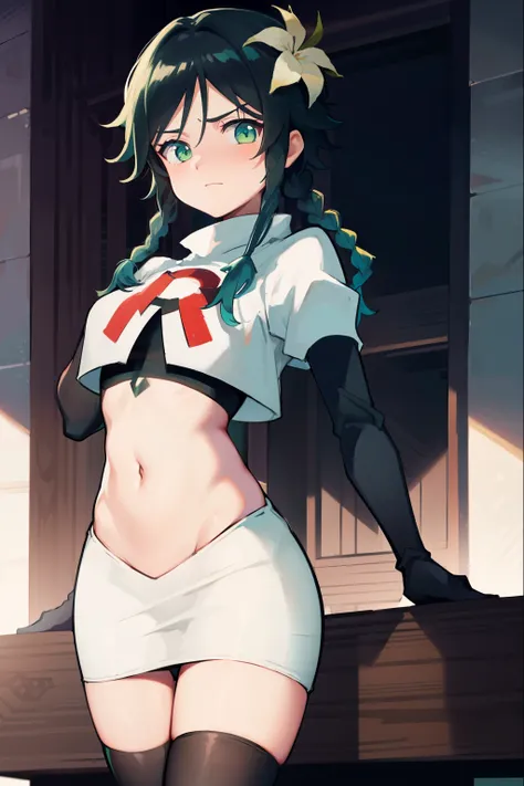 absurdres,venti,1boy, male focus, trap,black hair, green-blue hair, hair braid,hair flower,aqua green eyes,crossdressing,1boy,team rocket,team rocket uniform,white skirt,red letter R,crop top,black thigh-highs,black elbow gloves, embarrassed, blush