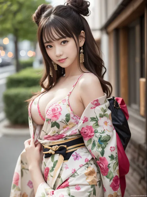 table top, highest quality, figure, super detailed, finely, High resolution, 8k wallpaper, 完璧なダイナミックな構figure, detailed and beautiful eyes, She wears a red kimono,medium hair,natural color lip, bold sexy pose,smile,Harajuku、23 year old Japanese girl、cute、se...