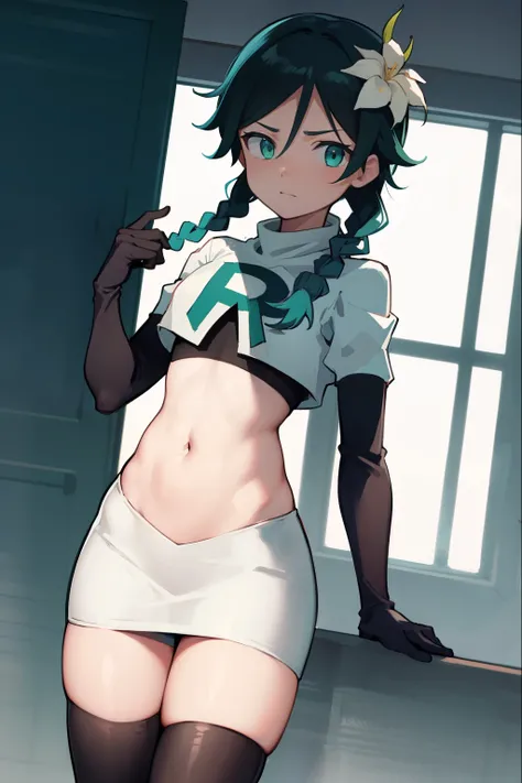 absurdres,venti,1boy, male focus, trap,black hair, green-blue hair, hair braid,hair flower,aqua green eyes,crossdressing,1boy,team rocket,team rocket uniform,white skirt,red letter R,crop top,black thigh-highs,black elbow gloves, embarrassed, blush