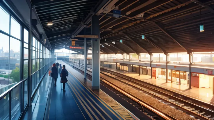 a busy train station,bustling platform,people waiting for their trains,rushing commuters,train tracks disappearing into the dist...