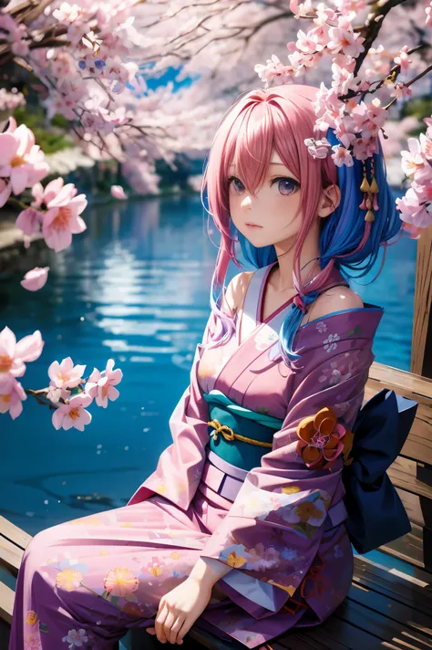 anime, one girl, colorful hair,pink hair and blue hair、 hair is tangled, pink eyes, kyoto, cherry blossoms、petal、moon, pink patt...