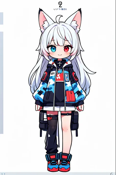 full body,best quality, anime illustration ,masterpiece,solo,1girl,looking at viewer,upright,arms at side,concept art,white background,simple background,ears like lynx,white hair,lightblue gradiient hair,ahoge,Hair ornament,M-shaped bang,intake hair,long h...