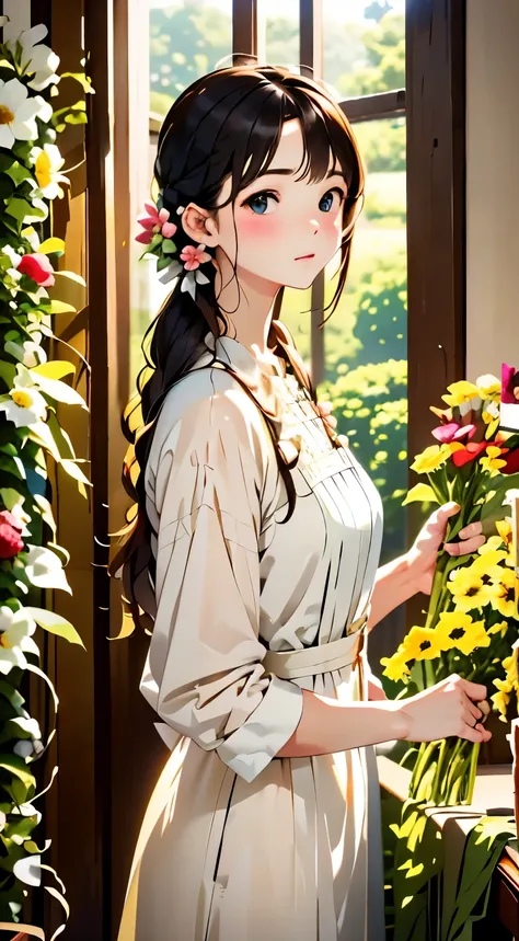 anime style、(((woman working at a flower shop、beautiful flower々:1.2、lots of flowers:1.2、flower garden flower shop:1.2)))、gypsoph...