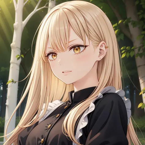 best quality,ultra-detailed,realistic:1.37,highres,golden hair,golden eyes,detailed facial features,serious expressions,beautiful detailed lips,long eyelashes,Guideau (majo to yajuu), maid outfit,golden light illuminating the scene,mysterious atmosphere,en...