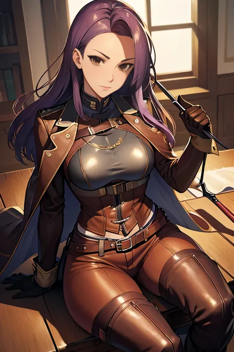 defsonya, purple hair, (((full body))), jodhpurs, riding pants, tight pants, (pants), beige pants riding coat, (((tailcoat))), red tailcoat, equestrian, equestrienne, ((riding crop)), (((brown leather thigh high boots))), (((brown leather thigh-high boots)...