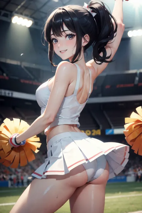 highest quality、cinematic lighting、cheerleader、black hair、white panties、outdoor sports ground、full of sweat、smile、