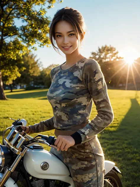 (realistic:1.5), 8k, Super delicate beauty, (a sunny day:1.5), Complex motorcycle details (highest quality: 1.0), (Super high sharpness: 1.0),（Beautiful and delicate depiction of eyes）,(((beautiful woman riding a motorcycle))),unreal engine:1.4,photorealis...