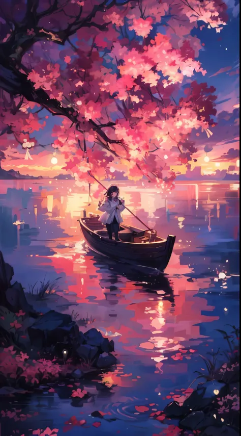 anime girl in a boat under a tree with pink flowers, makoto shinkai cyril rolando, anime beautiful peace scene, anime art wallpaper 4k, anime art wallpaper 4 k, a beautiful artwork illustration, anime art wallpaper 8 k, by Yang J, ross tran. scenic backgro...