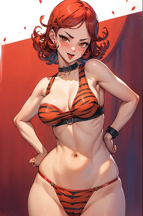 1girl, beautiful face, breasts, (1girl, solo:1.3), blank background, medium shot, upper body, detailed face, lustful smirking smile face red blush red cheeks, open mouth, sleeveless, yellow tiger bra, tongue out, hands on hips