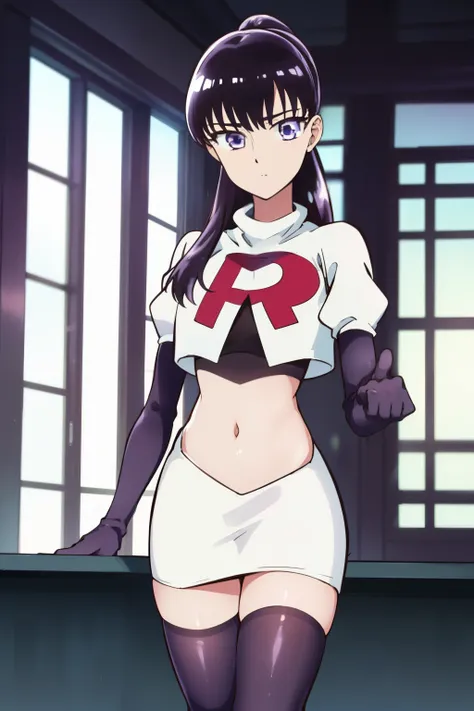 akiratachibana, akira tachibana, long hair, bangs, black hair, (purple eyes:1.1),
break ponytail, team rocket,team rocket unifor...