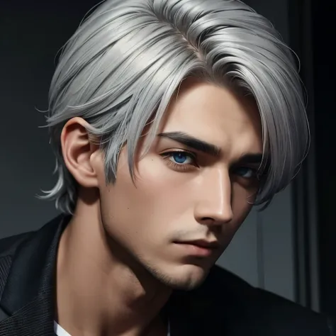 A mysterious, handsome boy with gray hair and sharp eyes