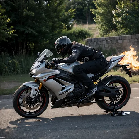 Genera una moto r6 sacando fuego y llendo a toda velocidad 