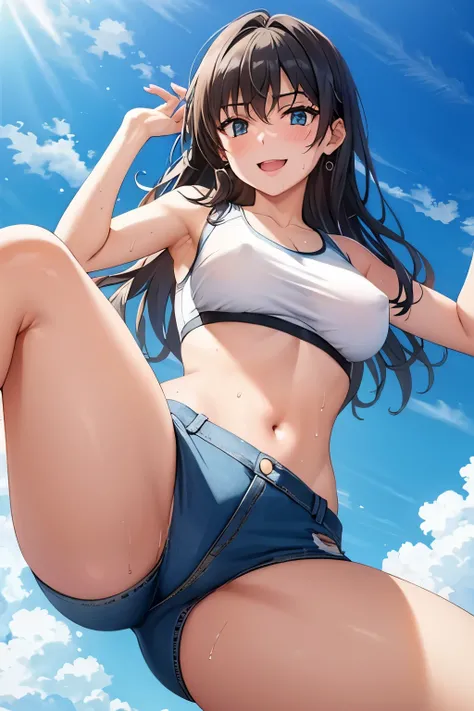 saten_ruiko, 1girl,18yo,good anatomy, masterpiece, best quality,realistic, hyperrealistic, 16k hdr,earrings,(see through sports bra top:1.2),(low-rise damaged short denim pant:1.3),, outdoors,blue sky,strong wind,from below,(red blush,smile),sexy pose,dyna...