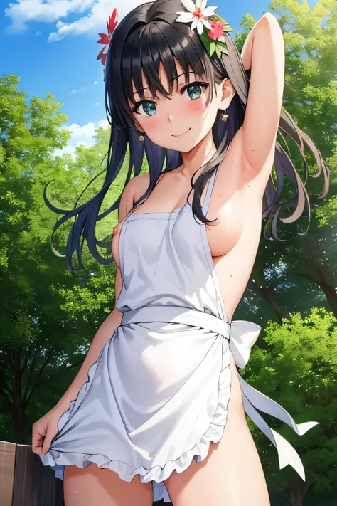 saten_ruiko, 1girl,18yo,good anatomy, masterpiece, best quality,realistic, hyperrealistic, 16k hdr,earrings,(naked apron:1.2), outdoors,blue sky,strong wind,from below,(red blush,smile),sexy pose,dynamic pose,navel,spread legs,erected nipples,cleavage,(swe...