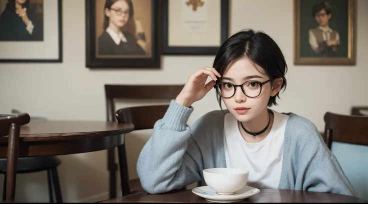 There is a woman sitting at a table with a plate of food, wears small round glasses, girl wearing round glasses, wears thin, large round glasses, wide angle portrait, portrait fashion photography, girl with glasses, not blurry, with short hair, 8K selfie p...