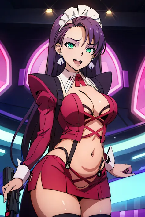 , 1girl, solo, dolce_synduality_noir, purple hair, green eyes, large breast, jewelry, earrings, complex detailed background, casino environment, fancy interior environment, rich
interior, masterpiece, best quality, highly detailed, a anime girls in maid un...