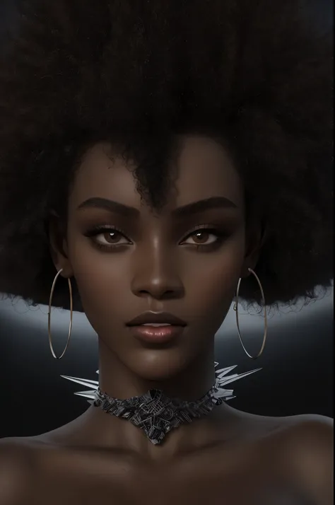 there is a woman with a very large afro and a choke, with textured hair and skin, spiky black hair and dark skin, afro futuristic, ultra high quality model, brown skin. light makeup, black african princess, dark-skinned, with very highly detailed face, afr...