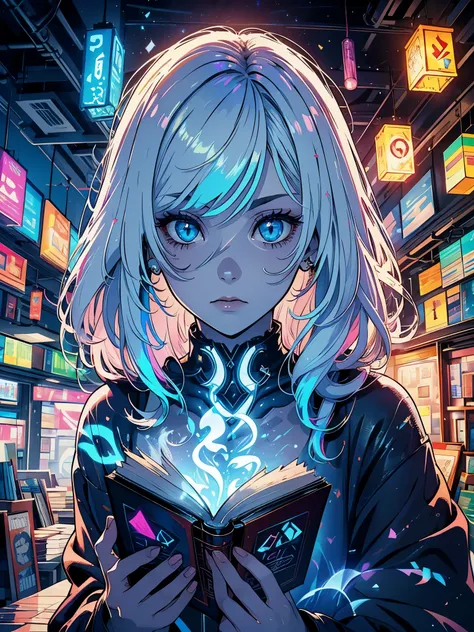 a girl with a hood that covers her face, long sideburns that curve into her face, glassy eyes, focused eyes, white eyebrows, white hair, looking down, (((holding a book with moving colored pages, neon pages, of book come out magical runes))), colorful spar...