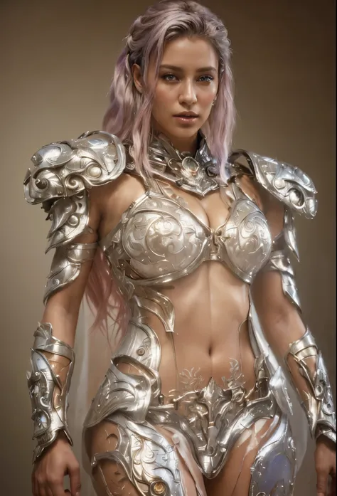 (((Top Quality: 1.4))),(Unparalleled Masterpiece),ultra high res,(Photorealsitic:1.4), surreal photography of a stunning beautiful cyborg female, (rainbow hair), huge breast, (beauty and detailed armor), embraced, delicate (white platinum) filigree, intric...