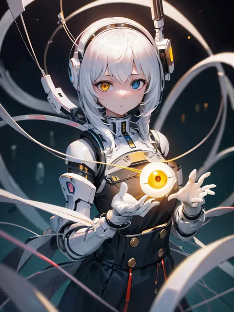 High resolution、masterpiece、fantasy、a white robot girl, GLaDOS, one eye, yellow eye, strings, hanging by cables, sharp focus, perfect hands, perfect light