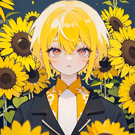 (1boy), sunflowers, red eyes, yellow hair, patterns in background, upper body shot, {best quality, masterpiece, 8k wallpaper}, thin eyes