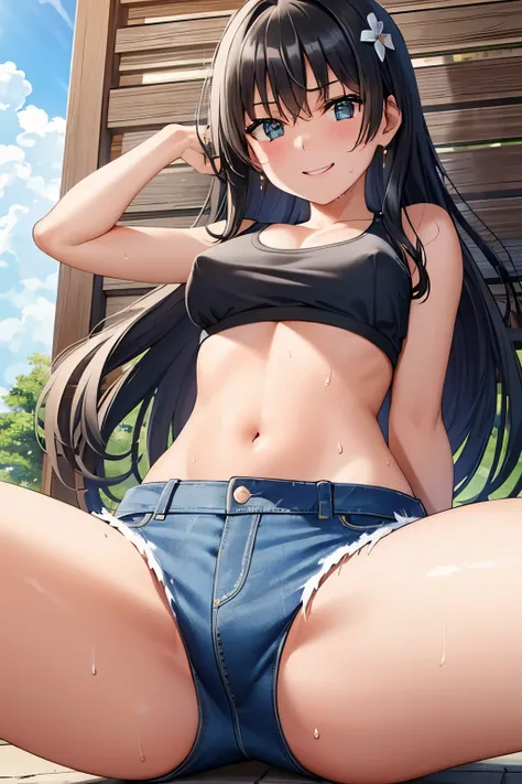 saten_ruiko, 1girl,18yo,black long hair,hair ornament, flower ornament,good anatomy, masterpiece, best quality,realistic, hyperrealistic, 16k hdr,earrings,(sports bra top:1.2),(low-rise damaged short denim pant:1.3),, outdoors,blue sky,strong wind,from bel...