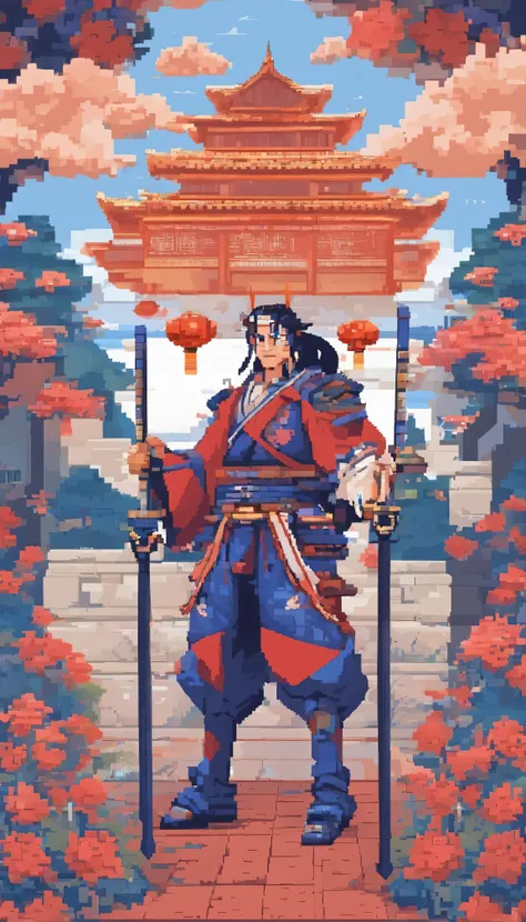 absurdres, samurai, blue eyes, long hair, wide-eyed, eyelashes, looking at viewer, chinesedragon, concept art, upper body, particles, petals, facing viewer, arm up, cover,