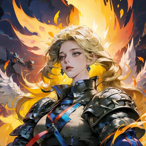 Close-up of a woman on fire and flames, With fiery golden wings of flame, With fiery golden wings, epic fantasy art style, concept art | artistic germ, Phoenix Warrior, extremely detailed artistic germ, Epic fantasy digital art style, female protagonist, A...