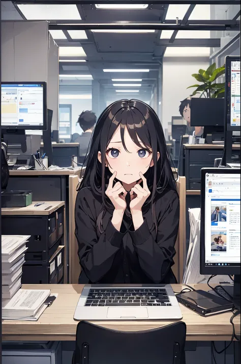 （Pretty sister:1.3）、spring atmosphere、evening、aggressive、office、((impatient face))、type into computer、large amount of work、overtime