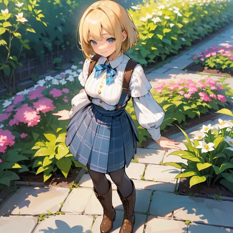 (high quality, High resolution, Super detailed, reality:1.37), peaceful atmosphere, (outdoors, garden), teenage girl standing alone, (my breasts are big.), Beautiful detail features, cute smile, (blonde bob hair), ribbed sweater, blue plaid skirt, black ti...