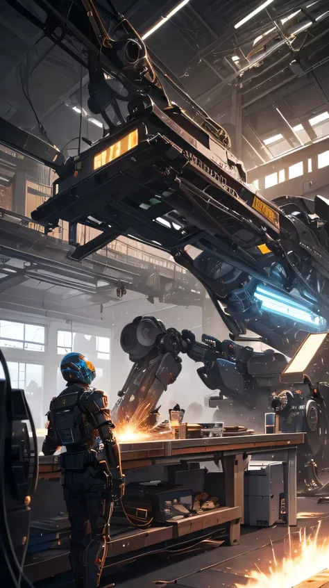 There are three robotic arms on the scientific mechanical workbench (background is or spark flying mechanical technology factory 1.5) (spark 1.8) masterpiece: 1.3) (futuristic technology 1.5) (science fiction 1.3) with unparalleled masterpiece, surreal 8K,...