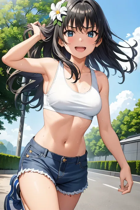 saten_ruiko, 1girl,18yo,black long hair,hair ornament, flower ornament,good anatomy, masterpiece, best quality,realistic, hyperrealistic, 16k hdr,earrings,(sports bra top:1.2),(low-rise damaged short denim pant:1.3),, outdoors,blue sky,strong wind,from bel...