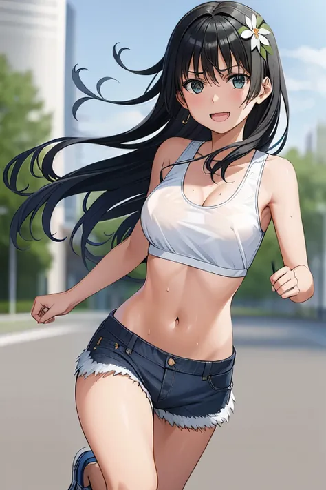 saten_ruiko, 1girl,18yo,black long hair,hair ornament, flower ornament,good anatomy, masterpiece, best quality,realistic, hyperrealistic, 16k hdr,earrings,(sports bra top:1.2),(low-rise damaged short denim pant:1.3),, outdoors,blue sky,strong wind,from bel...