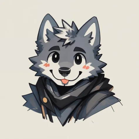 scribble wolf face, cute face, anthro(wolf), (blep:1.3), smile, simple background, printmaking style