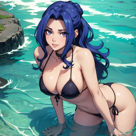 beautiful woman 22 years old light skin BLUE hair wavy updo, ojos violetas detallados brillantes pechos grandes bikini azul . sonrisa picara,  submerged in the ocean water drops on her body ocean bottom