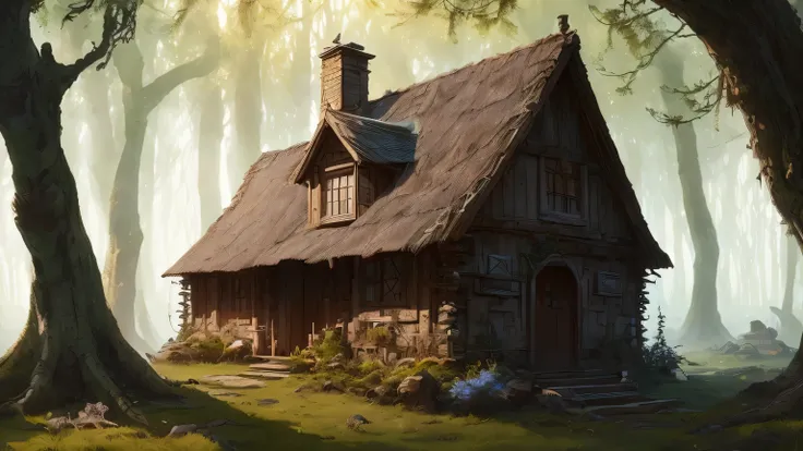 (by Greg Rutkowski: 1.2), (masterpiece), ((best quality)), extremely delicate and beautiful, illustration, (witch hut in crookback bog), A mesmerizing fantasy with enchanting elements blending seamlessly. A sense of tranquility and wonder fills the air. 8K...