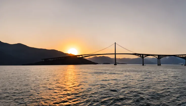 a bridge over the sea with a sailboat underneath. From a distance you can see a large mountain, with the sunset, the sky is orange in the afternoon