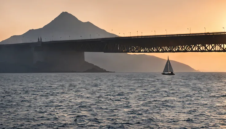 a bridge over the sea with a sailboat underneath. From a distance you can see a large mountain, with the sunset, the sky is orange in the afternoon