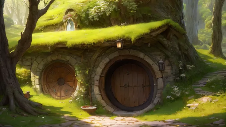 (by Greg Rutkowski: 1.2), (masterpiece), ((best quality)), extremely delicate and beautiful, illustration, ((hobbit hole in the shire)), A mesmerizing fantasy with enchanting elements blending seamlessly. A sense of tranquility and wonder fills the air, in...