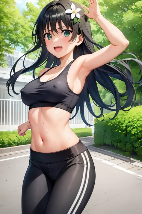 saten_ruiko, 1girl,18yo,black long hair,hair ornament, flower ornament,good anatomy, masterpiece, best quality,realistic, hyperrealistic, 16k hdr,earrings,(sports bra top:1.2),(Camouflage pattern yoga pants:1.3),, outdoors,blue sky,strong wind,from below,(...