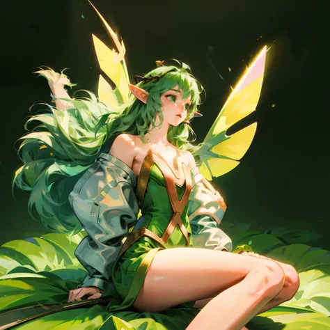 Wearing green and black clothing、Anime girl with wings and green background, Elf character, Fairy, forest Fairy, Insect trainer girl, brunette elf with Fairy wings, Elf, Cute 3D anime girl rendering, April rendering, Fairy dance, spread legs  