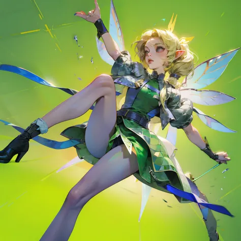 Wearing green and black clothing、Anime girl with wings and green background, Elf character, Fairy, forest Fairy, Insect trainer girl, brunette elf with Fairy wings, Elf, Cute 3D anime girl rendering, April rendering, Fairy dance, spread legs  